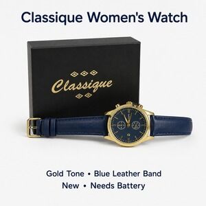 Classique Womens Watch Gold Tone Blue Leather Band Navy Dial Stainless Steel NEW